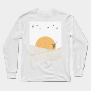 Minimalist Illustration Grey World Orange Sun Long Sleeve T-Shirt